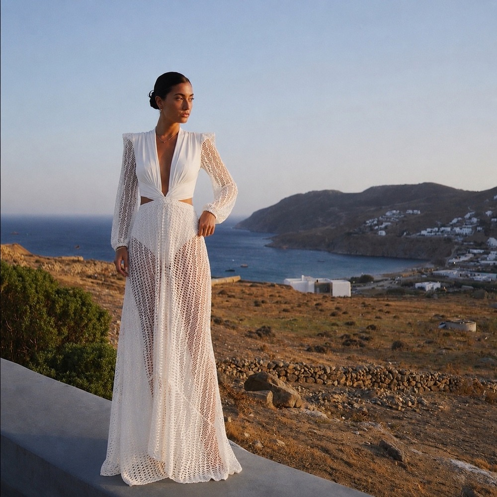 PATBO Plunge Netted Beach Dress White Cutout Maxi Brazil Size Large Resort Gown